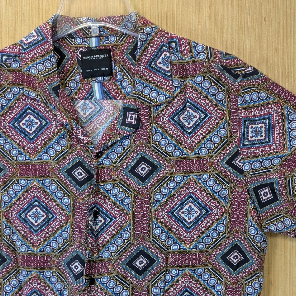 Denim & Flower Ricky Singh Mens Large Geometric Diamond Print Viscose Shirt L